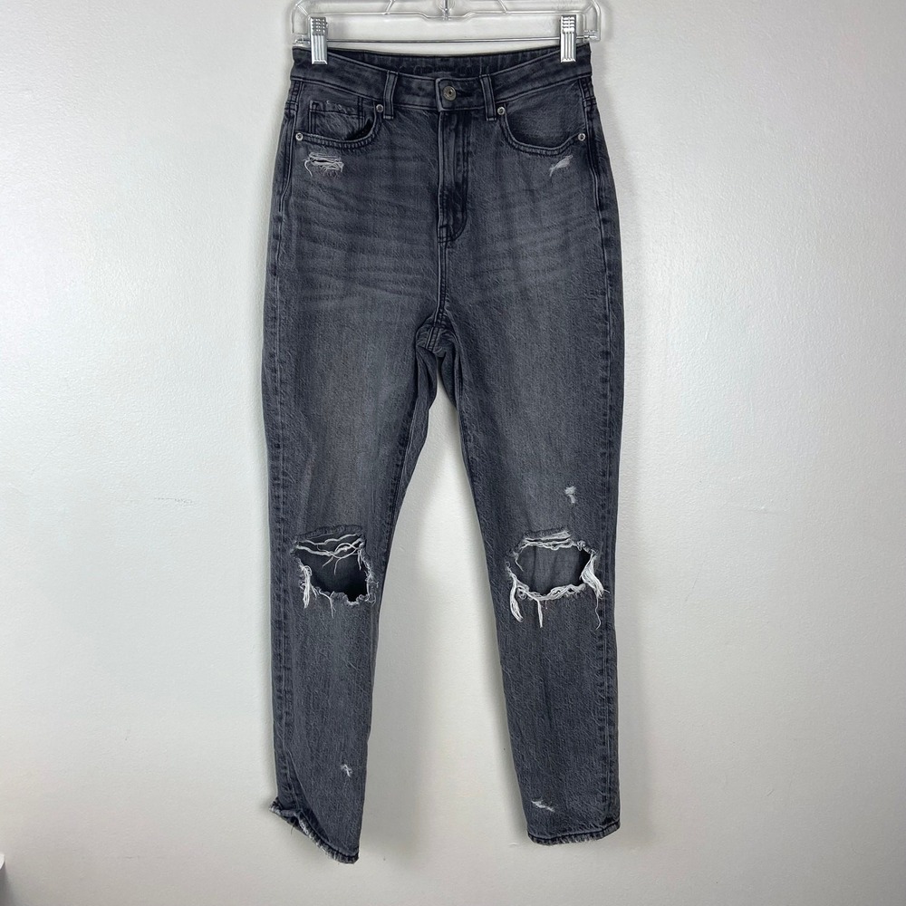 American Eagle Highest Rise Mom Jean Distressed Faded Black Gray Size 2 Regular - Picture 2 of 11